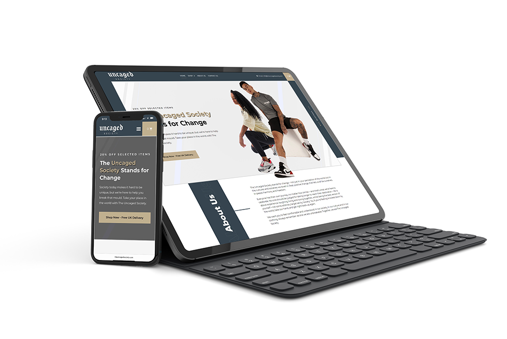 Uncaged Society website shown on a tablet and phone