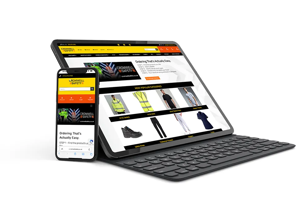 Cromwell Safety website shown on a tablet and phone