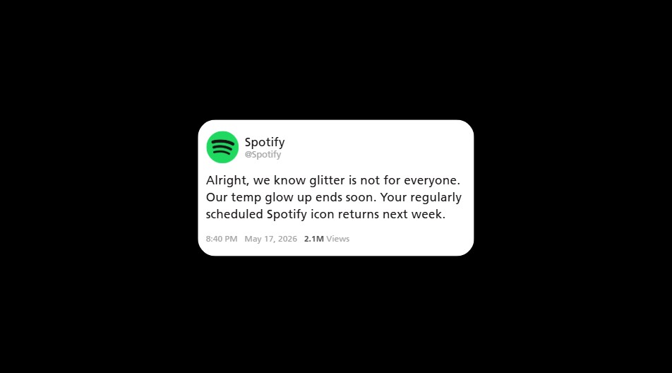 Screenshot of Spotify replying on X that the disco ball icon was a temporary glow up