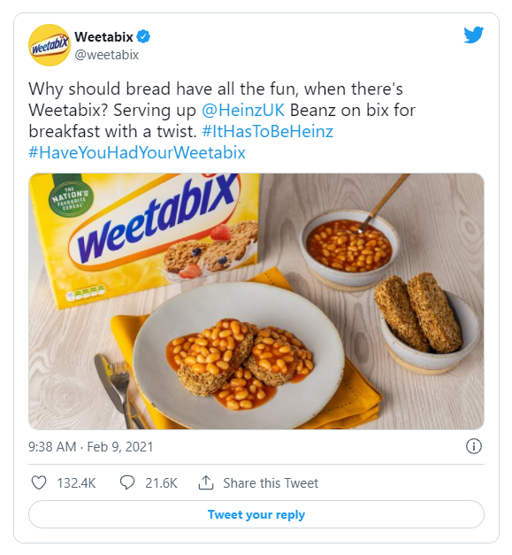 Weetabix tweet showing two Weetabix topped with Heinz baked beans next to a Weetabix box
