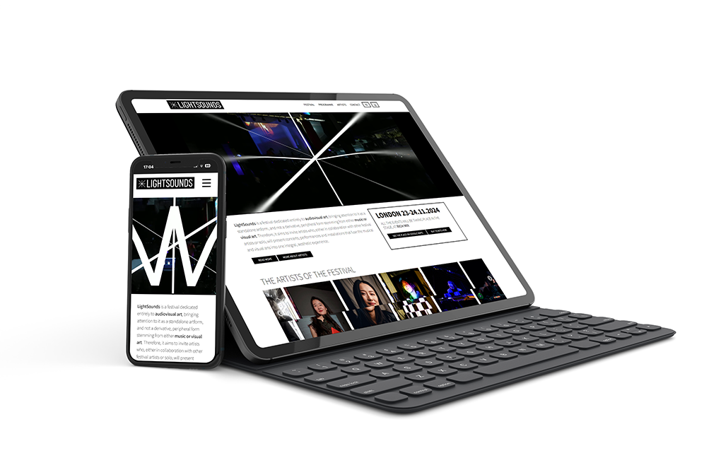 LightSounds Festival website shown on a tablet and phone