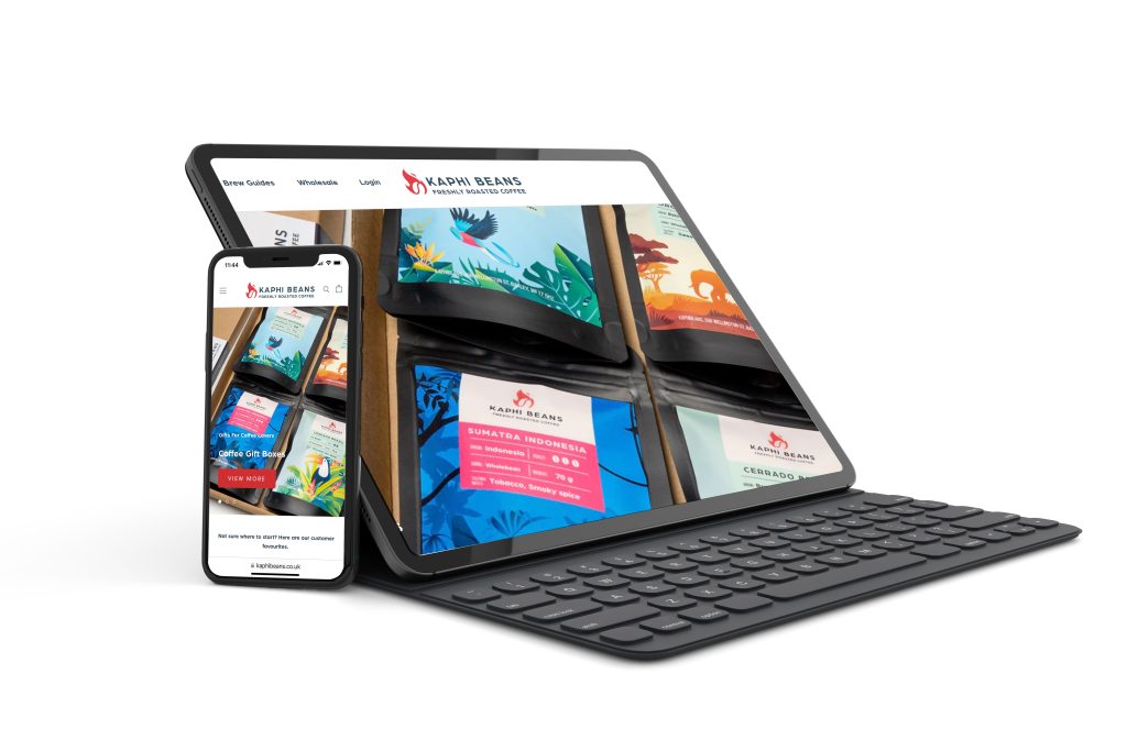 KAPHI BEANS DEVICES 1024x683 Kaphi Beans website shown on a tablet and phone