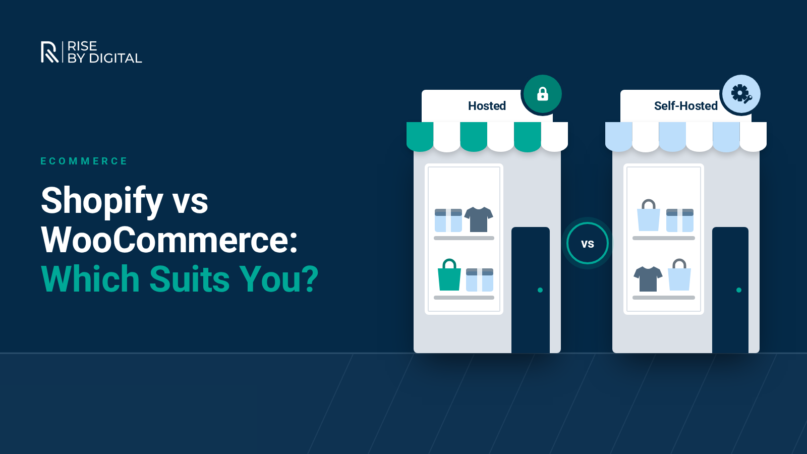 Best ecommerce platforms Two online shop storefronts side by side, one hosted with a padlock and one self-hosted with a cog and spanner, separated by a versus badge