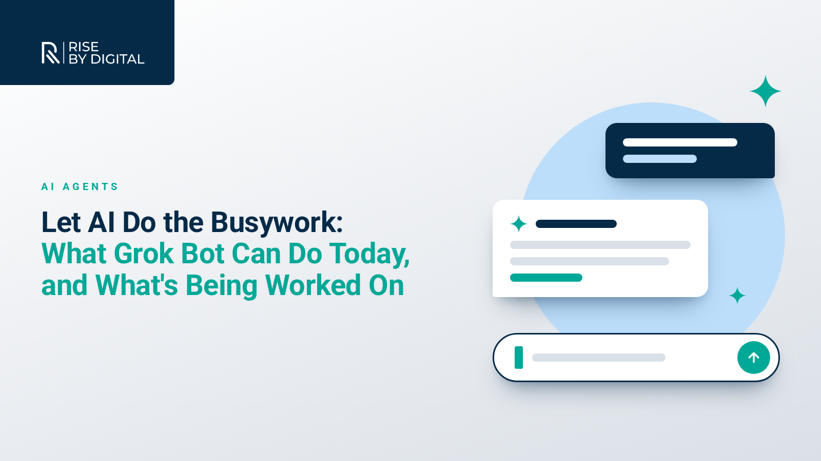 Rise By Digital graphic: Let AI Do the Busywork, what Grok Bot can do today and what's being worked on, beside a chat illustration