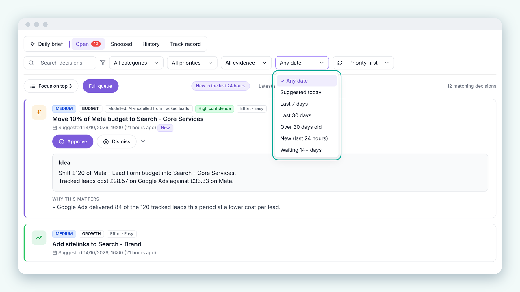 Hookology Decision Centre with the highlighted date filter open, listing Any date, Suggested today, Last 7 days, Last 30 days, Over 30 days old, New (last 24 hours) and Waiting 14+ days, above an example decision "Move 10% of Meta budget to Search - Core Services".