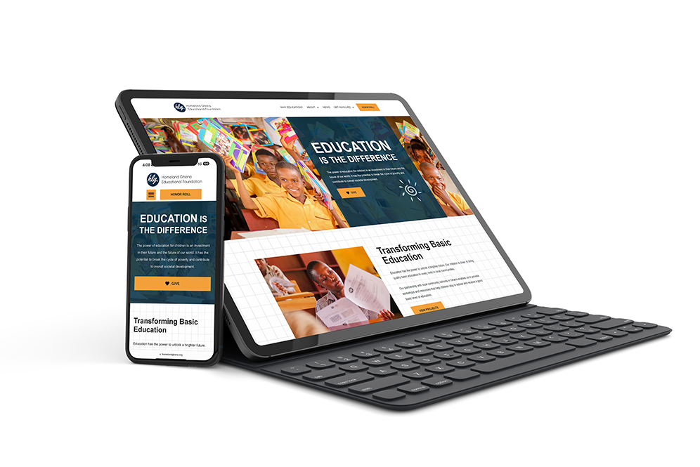 Homeland Ghana website shown on a tablet and phone