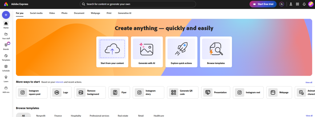 The Canva home screen with options to create designs from templates for social media, presentations and more