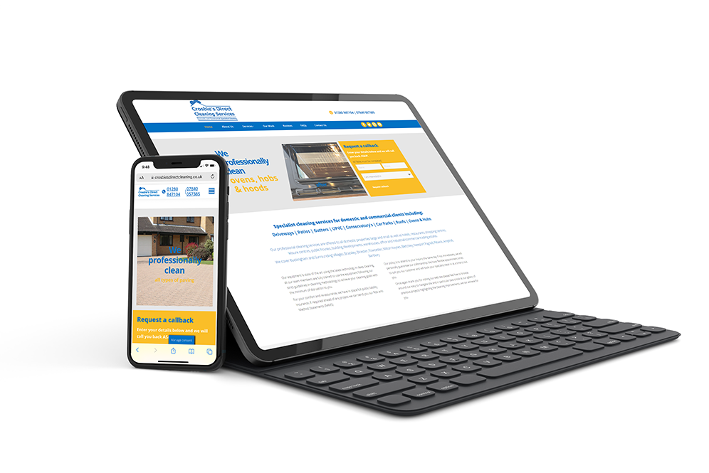 Crosbie's Direct Cleaning Services website shown on a tablet and phone