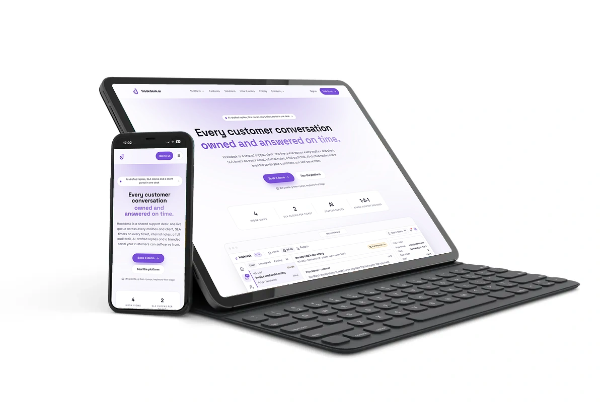 Hookdesk website shown on a tablet and phone