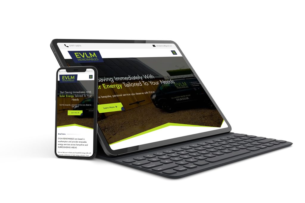 EVLM Renewables Laptop and mobile EVLM Renewables website shown on a tablet and phone