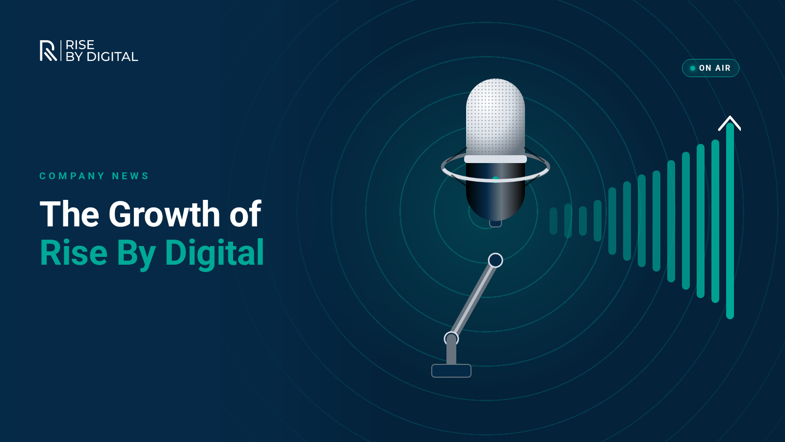 The Growth of Rise By Digital A studio podcast microphone on a boom arm with a sound wave that grows taller into an upward arrow