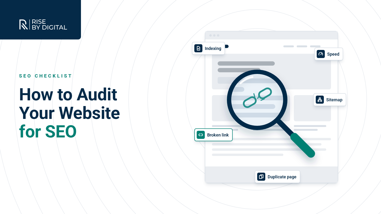 SEO auditing checklist Magnifying glass over a website wireframe highlighting SEO issues such as indexing, speed, broken links, duplicate pages and the sitemap