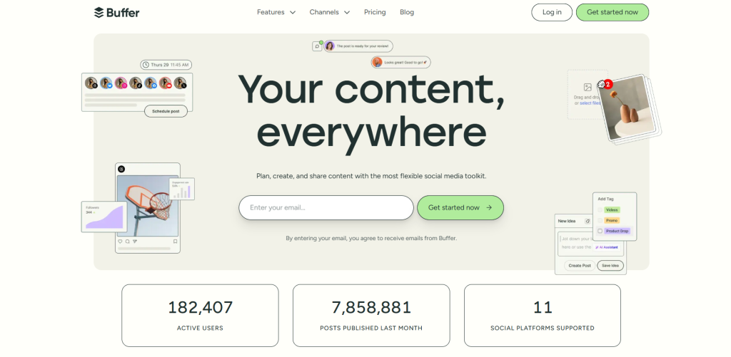 The Buffer homepage with the headline Your content, everywhere