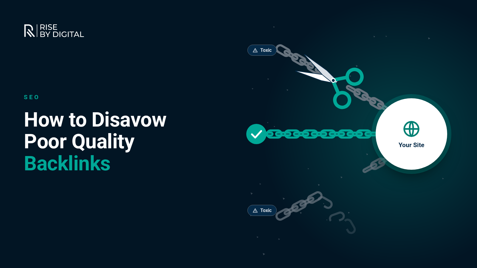 How to Disavow Poor Quality Backlinks Scissors cutting a toxic link chain away from a website while a trusted link chain stays connected