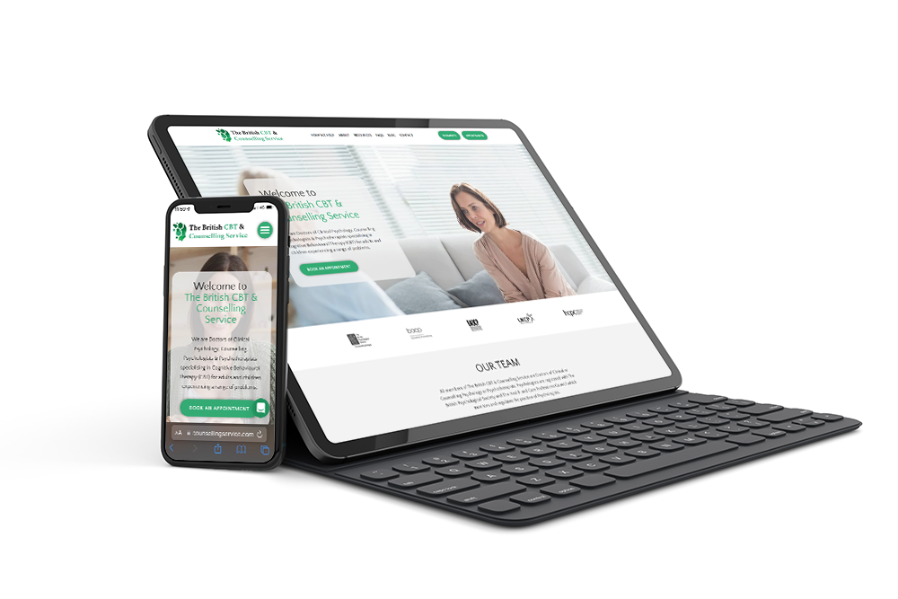 YOUR DESIGN HERE Mobile The British CBT Counselling Service website shown on a tablet and phone