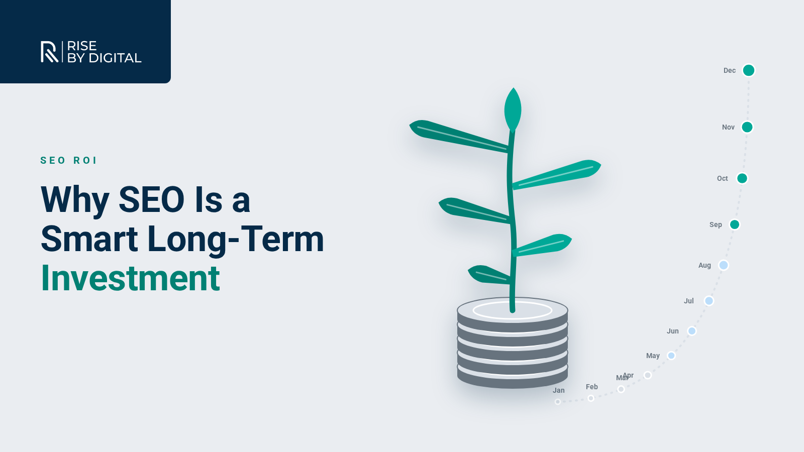 Why SEO is a great investment Plant growing from a stack of coins with leaves shaped like rising ranking bars