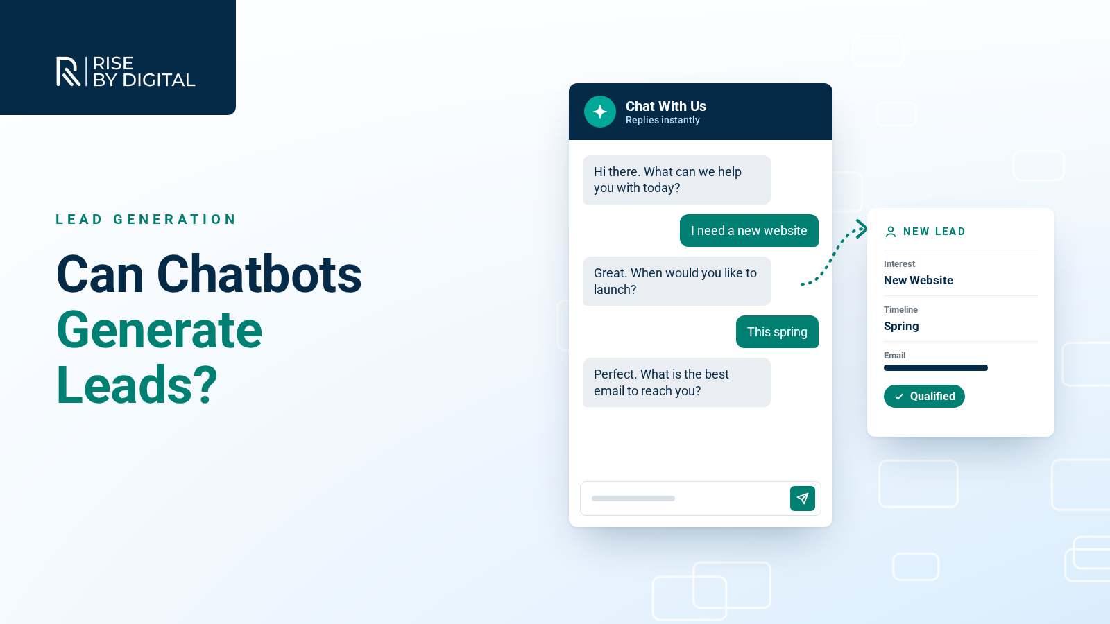 Can Chatbots Generate Leads For My Business? A website chat widget asking a visitor questions, feeding a qualified new lead card