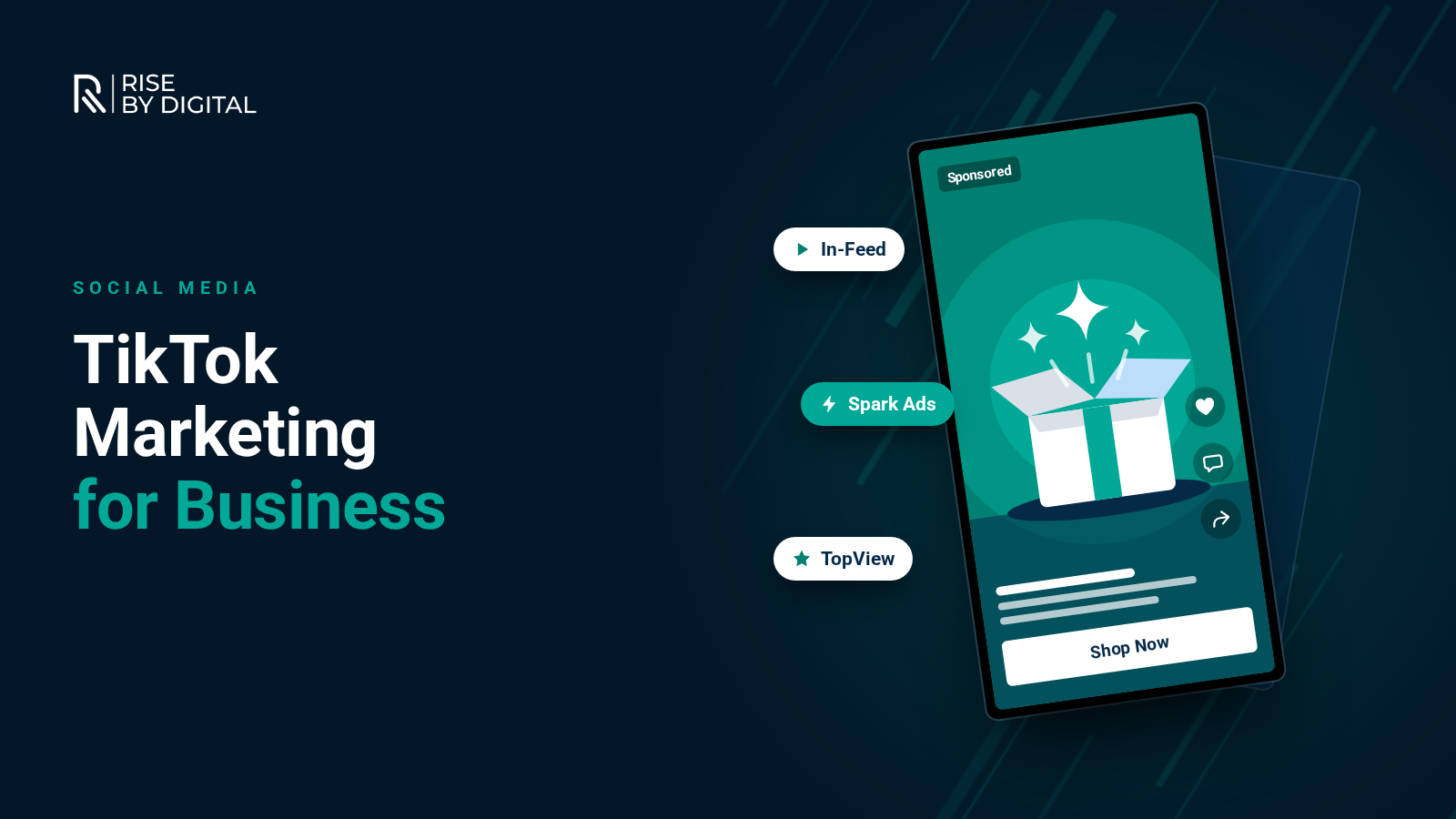 TikTok Marketing A tilted phone playing a sponsored unboxing video with a Shop Now button, with In-Feed, Spark Ads and TopView ad format labels beside it