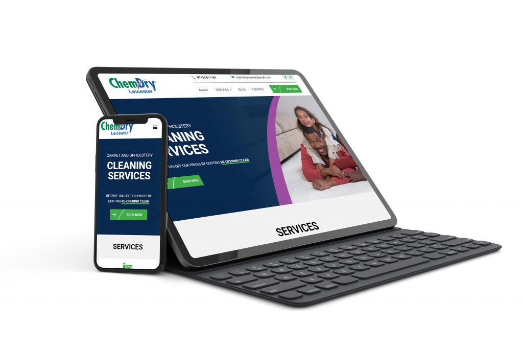 ChemDry website shown on a tablet and phone
