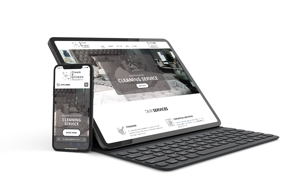 Gleam & Glisten website shown on a tablet and phone