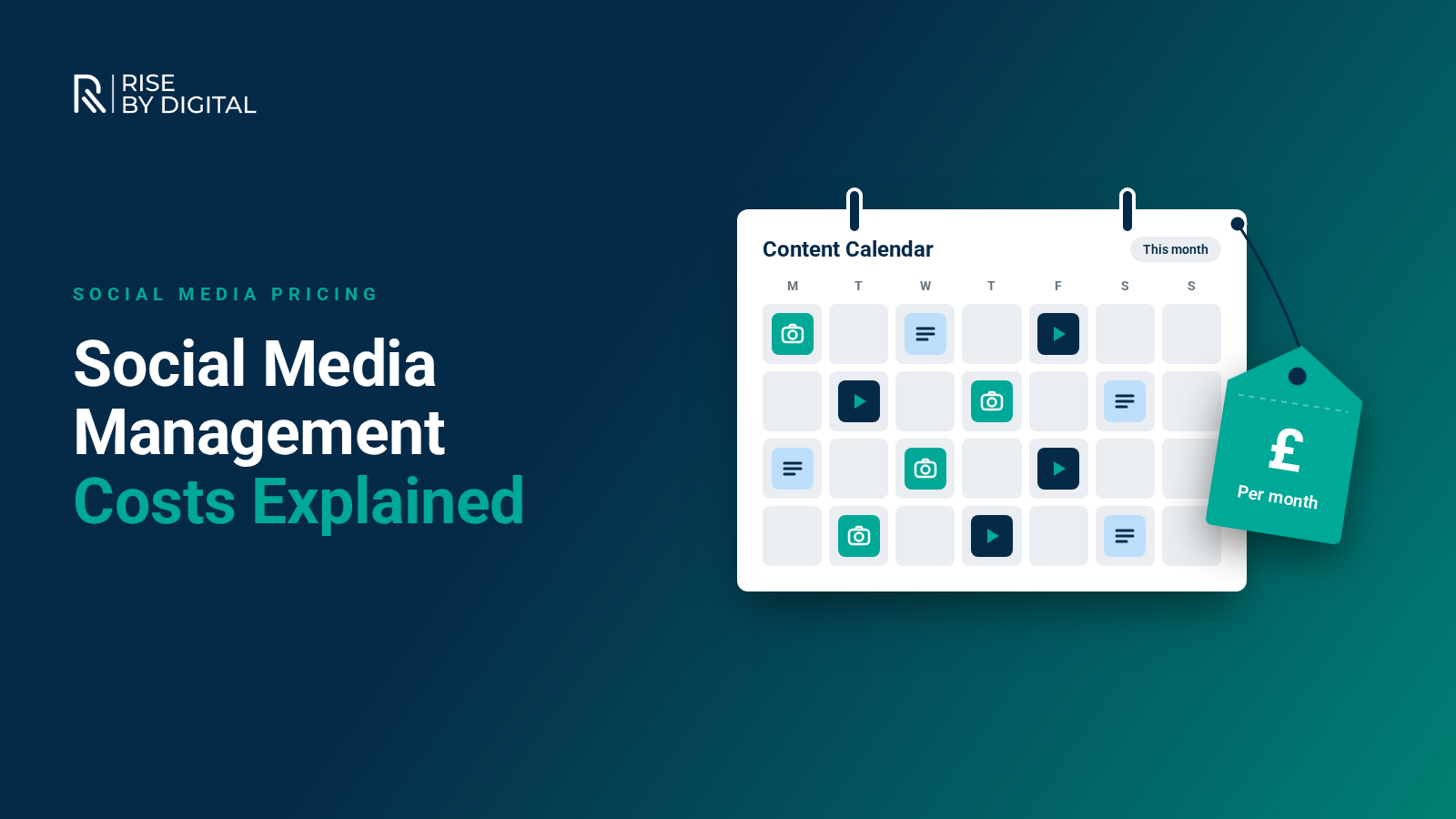 How much does social media management cost Monthly social media content calendar with scheduled photo, video and text posts and a monthly price tag