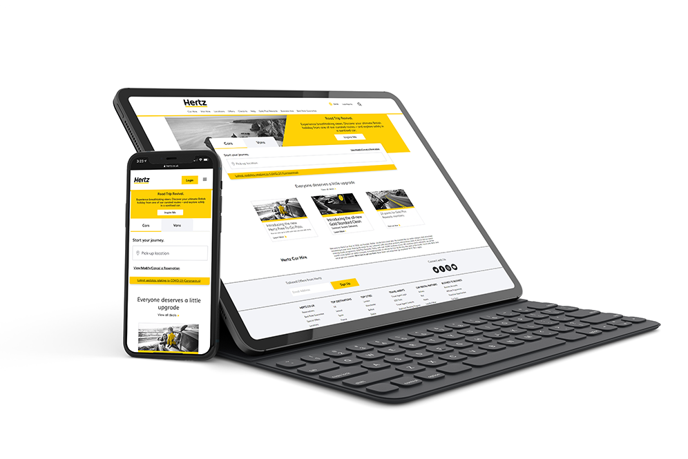 Hertz website shown on a tablet and phone