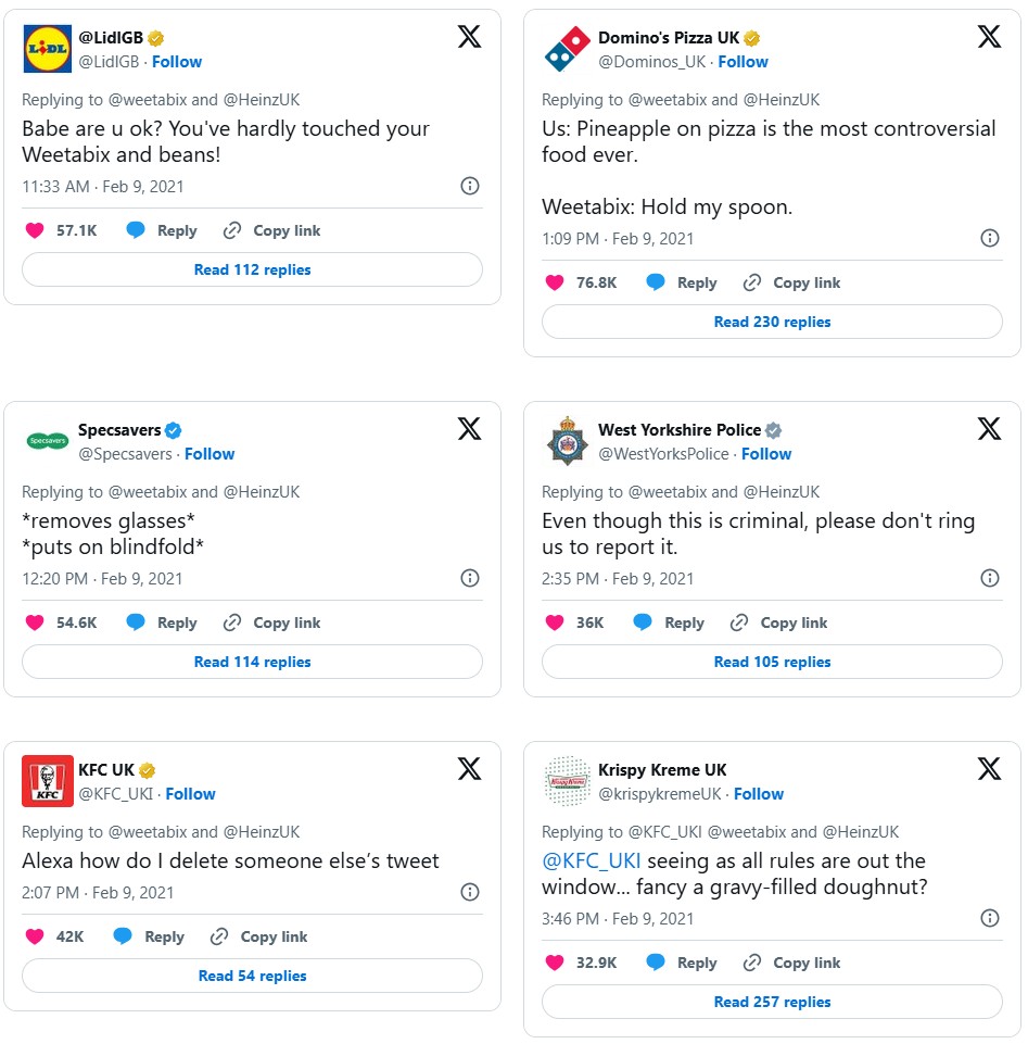 A collage of replies from other brands reacting to the Weetabix beans tweet