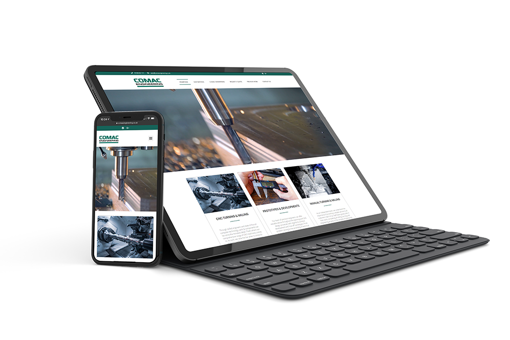 devices comac Comac Engineering website shown on a tablet and phone