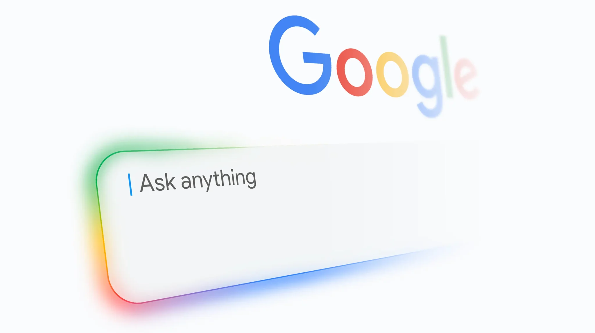 The Google logo above a search box reading Ask anything, with a glowing AI-style border