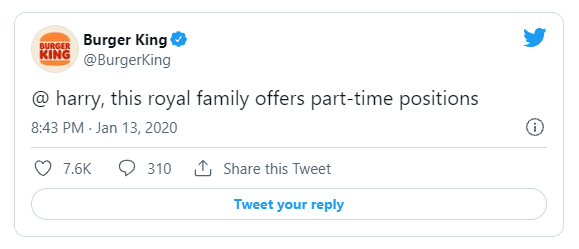 Burger King tweet reading @ harry, this royal family offers part-time positions