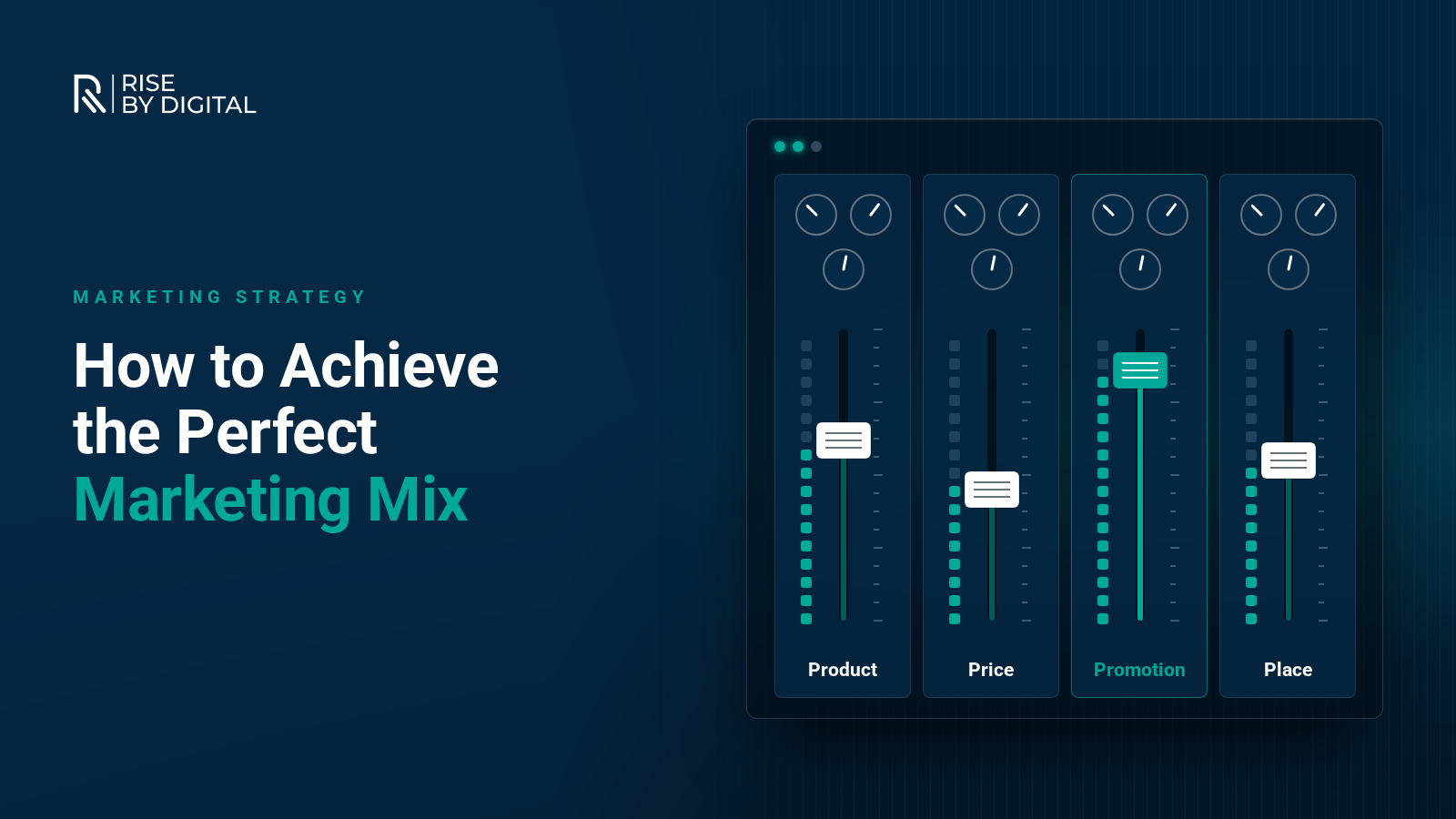 How Can I Achieve The Perfect Marketing Mix? A mixing desk with four faders labelled Product, Price, Promotion and Place, with Promotion pushed highest