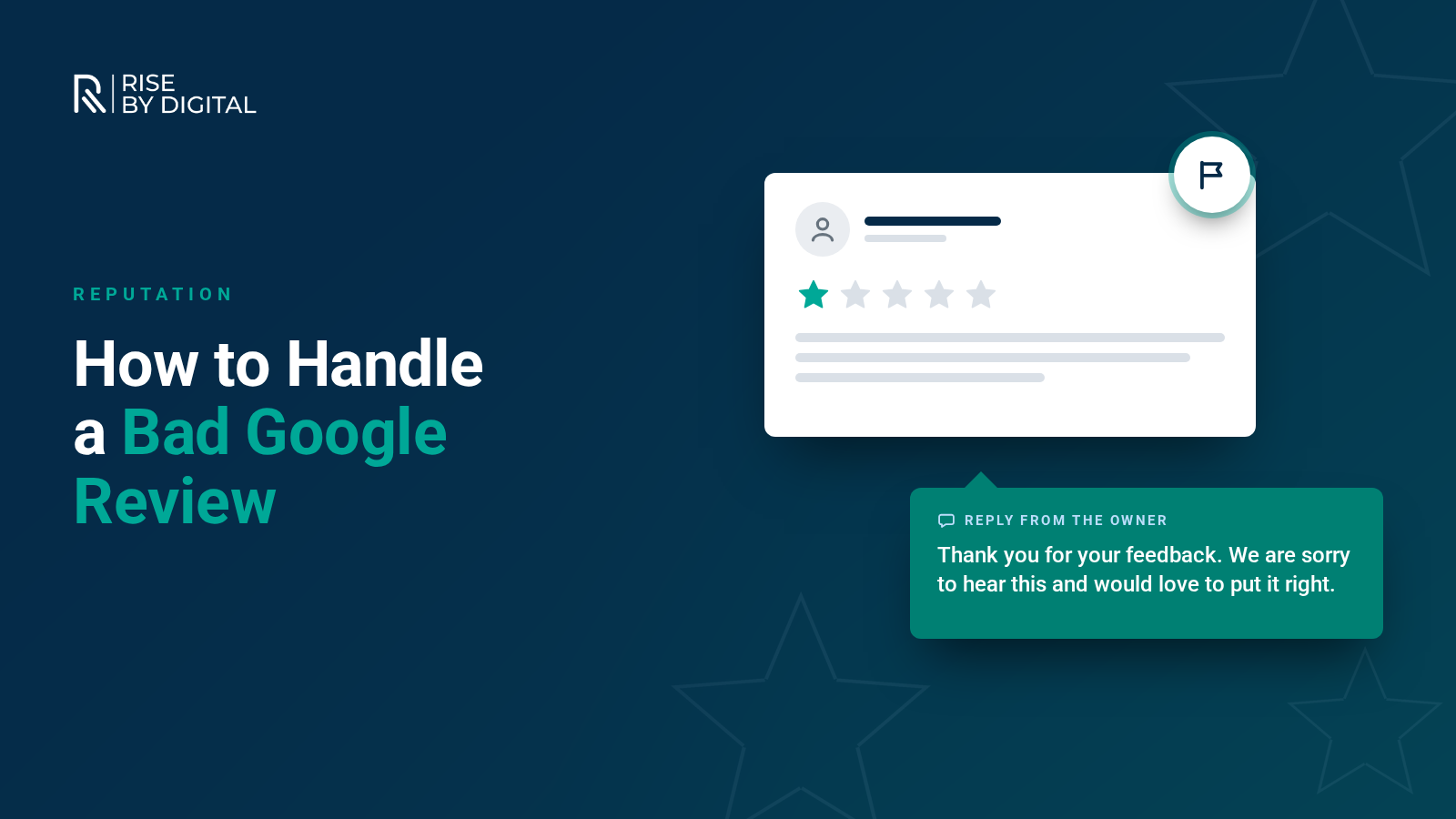 How to Remove a Bad Google Review A one-star review card with a flag button and a polite reply from the business owner