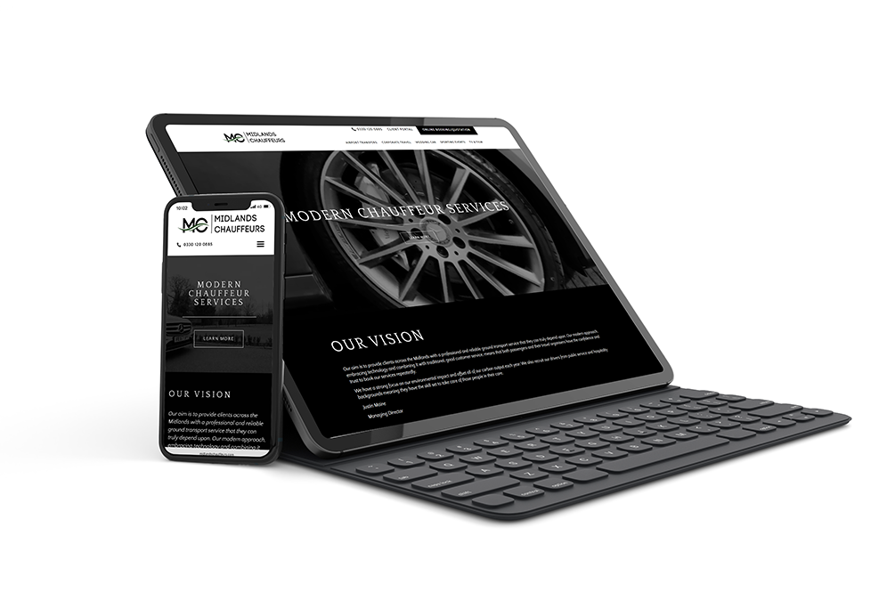 Midlands Chauffeurs website shown on a tablet and phone