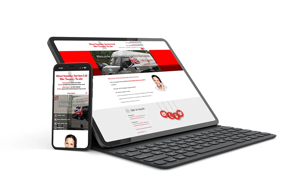 Direct Sameday Services website shown on a tablet and phone