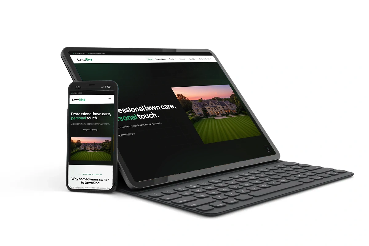 LawnKind website shown on a tablet and phone