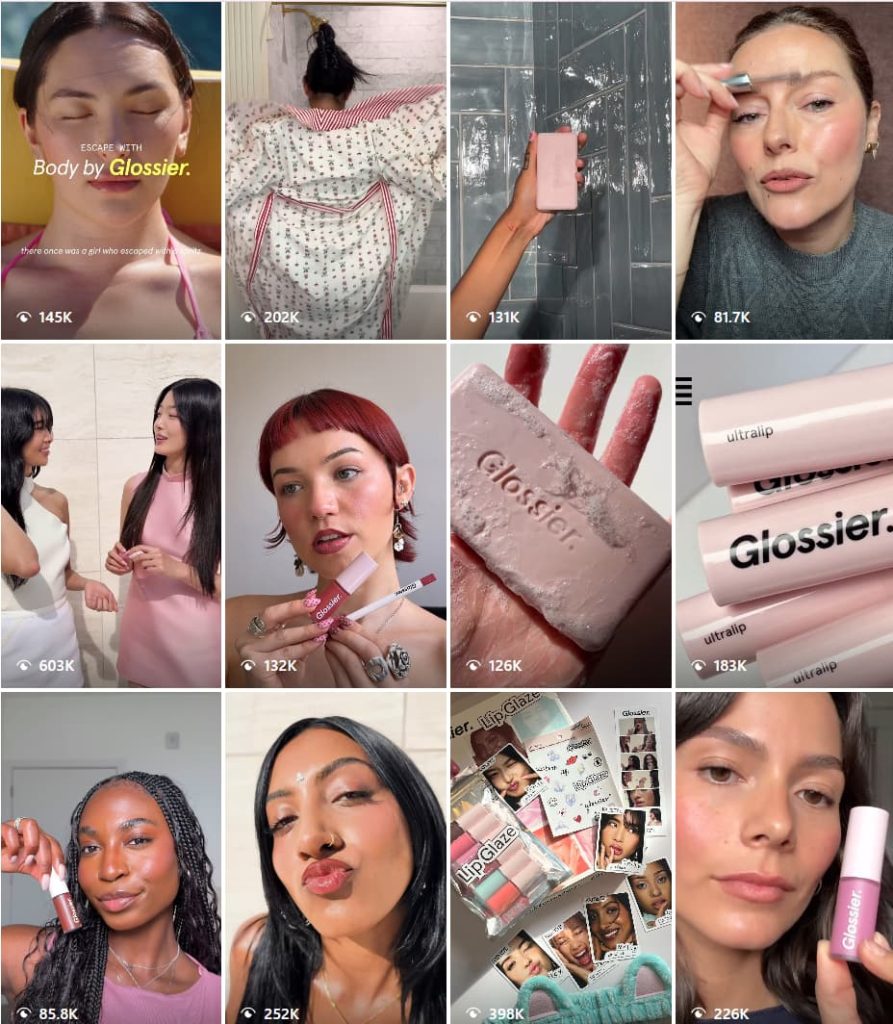A grid of customer photos and videos featuring Glossier beauty products