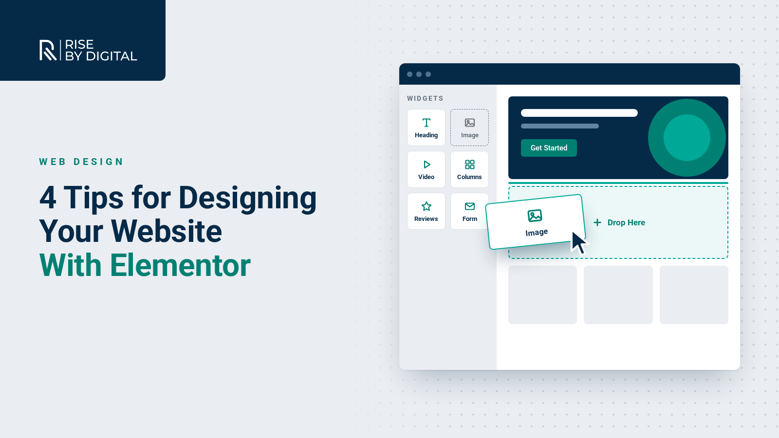 Elementor: 4 Useful Tips for Designing Your Perfect Website A drag-and-drop page builder with a widget panel and an image block being dragged into a Drop Here zone
