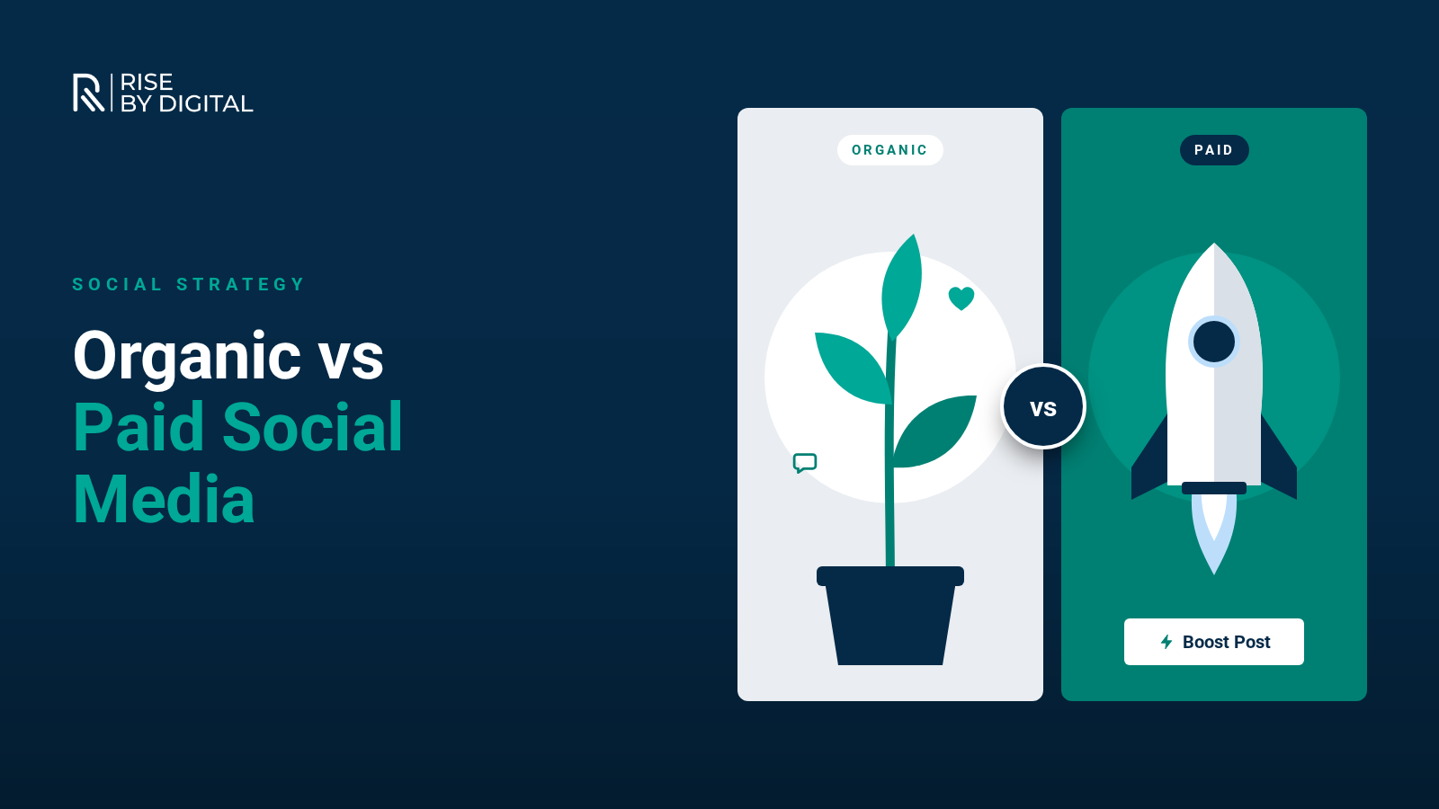 Organic vs Paid Social Media Side-by-side panels comparing a potted plant growing with likes for organic and a rocket with a Boost Post button for paid