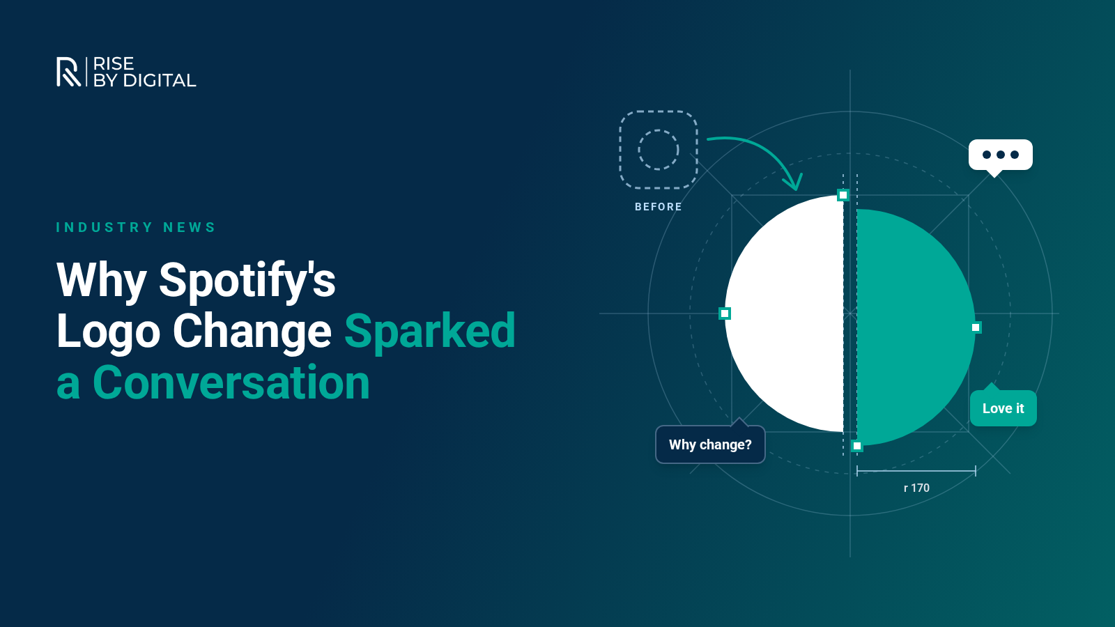 Spotify's disco ball logo change Abstract logo redesign on design guide lines, with a before shape and speech bubbles reacting to the change - Rise By Digital