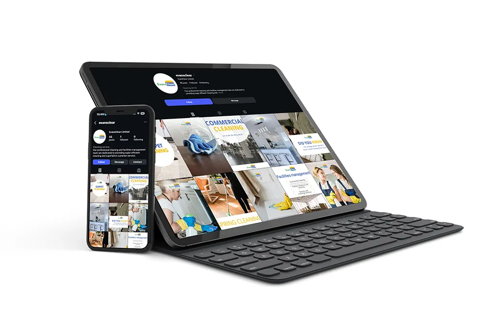 evc EvansClear Instagram profile and social content shown on a tablet and phone