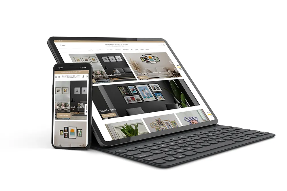Photo Frames & Art Photo Frames & Art online store shown on tablet and phone