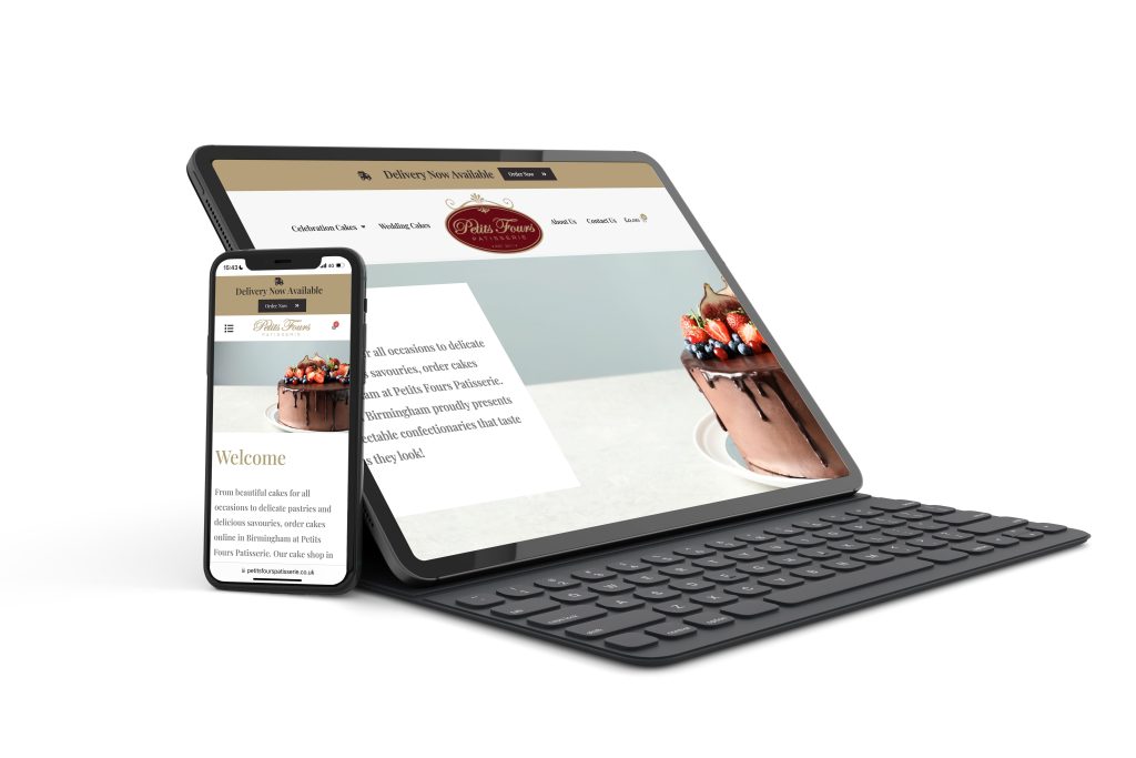 Petits Fours Patisserie website shown on a tablet and phone